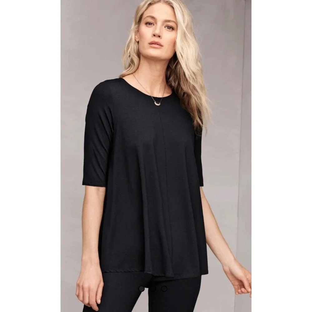 Eileen Fisher Tunic Top Womens XS Black Viscose‎ Jersey Elbow Sleeve A-Line